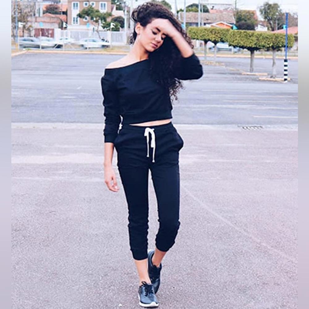 Two Piece Off Shoulder Crop Top and Sweat Pant Set Sport Tracksuit Black XL - Picture 7 of 7